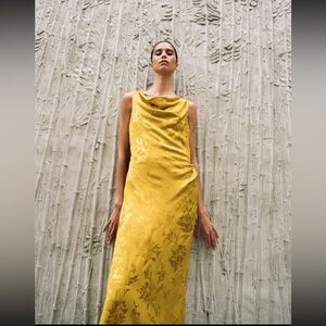 Zara Satin Effect Jacquard Midi Yellow Floral Dress
